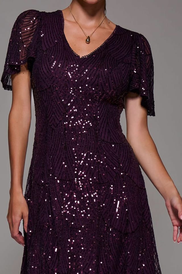 Jolie Moi Jolie Moi Women's Sequin Angel Sleeve Fit & Flare Midaxi Dress in Burgundy - 3