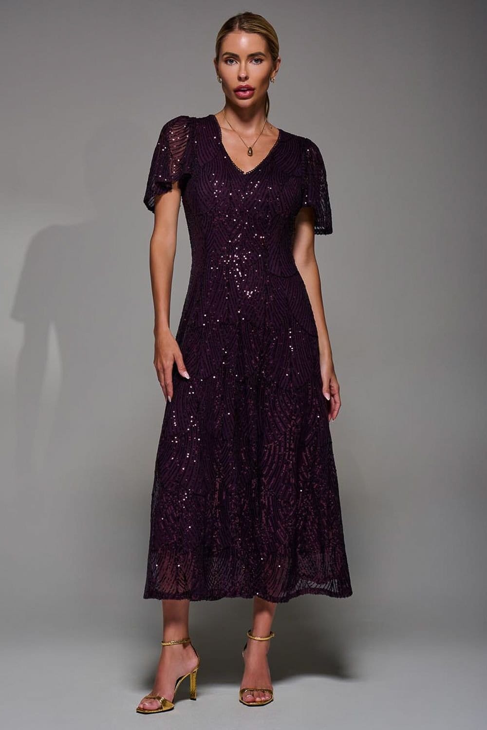 Jolie Moi Jolie Moi Women's Sequin Angel Sleeve Fit & Flare Midaxi Dress in Burgundy - 4