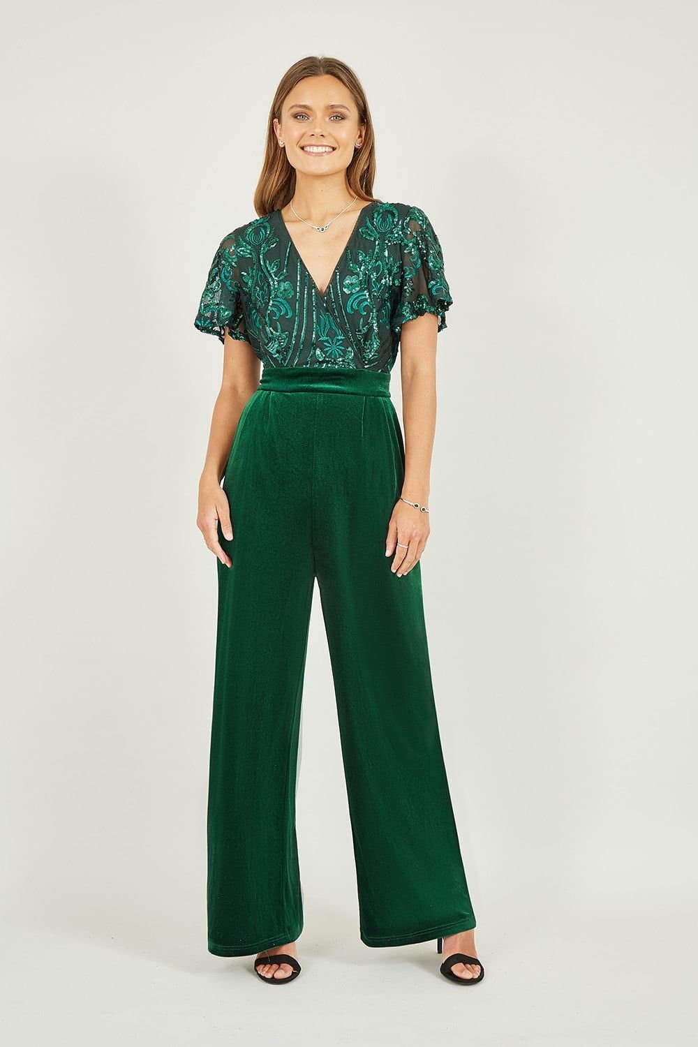 Yumi Yumi Women's Green Sequin Embellished Velvet Jumpsuit With Angel Sleeves