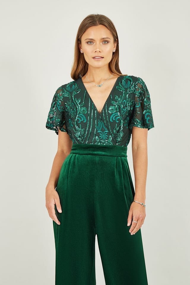 Yumi Yumi Women's Green Sequin Embellished Velvet Jumpsuit With Angel Sleeves - 2