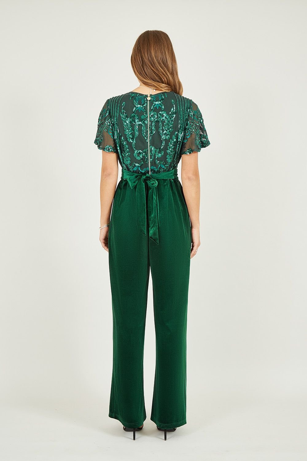 Yumi Yumi Women's Green Sequin Embellished Velvet Jumpsuit With Angel Sleeves - 3