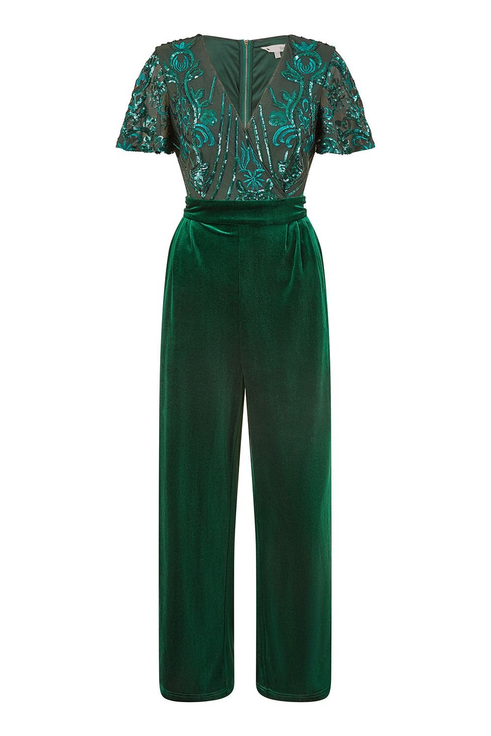 Yumi Yumi Women's Green Sequin Embellished Velvet Jumpsuit With Angel Sleeves - 4