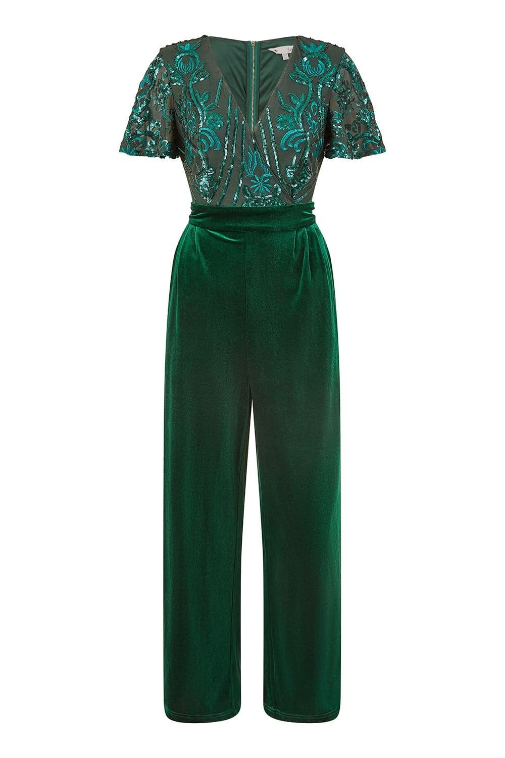Yumi Yumi Women's Green Sequin Embellished Velvet Jumpsuit With Angel Sleeves - 4