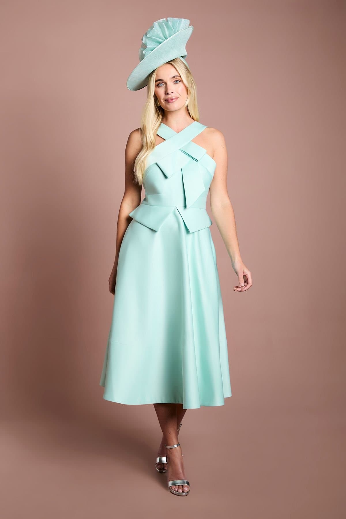 Coast Coast Women's Petite Lisa Tan Cross Neck Structured Satin Bow Detail Midi Dress in Mint