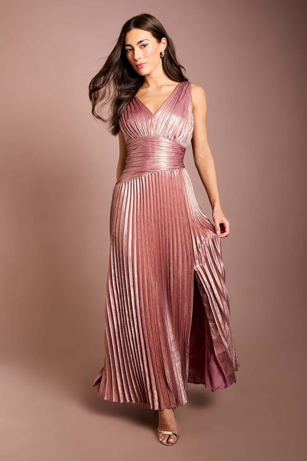 Coast Coast Women's Wrap Waist Detail Pleated V Neck Maxi Dress With Split in Pink