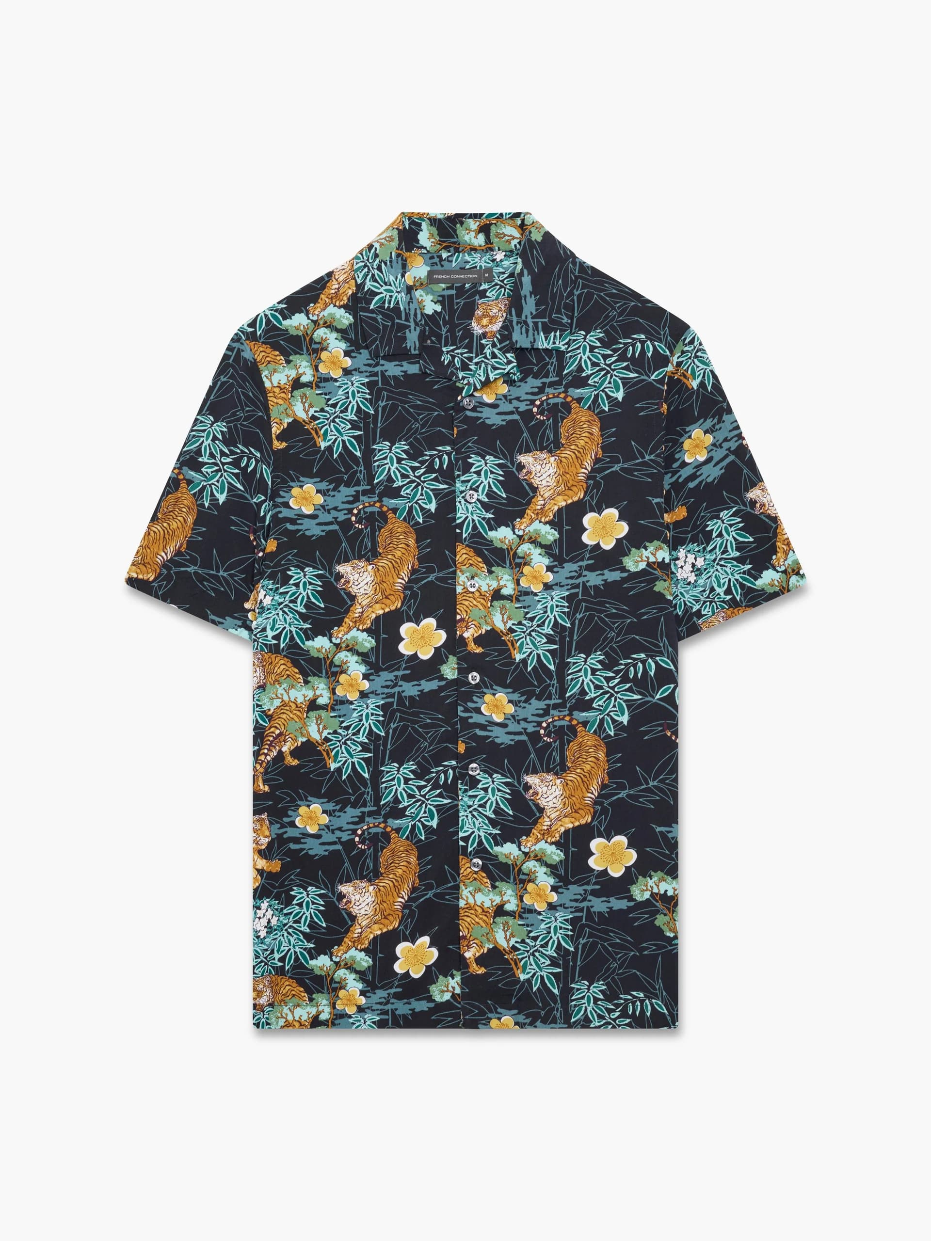 French Connection Tiger Bamboo Viscose Revere Short Sleeve Shirt Black Animal Print