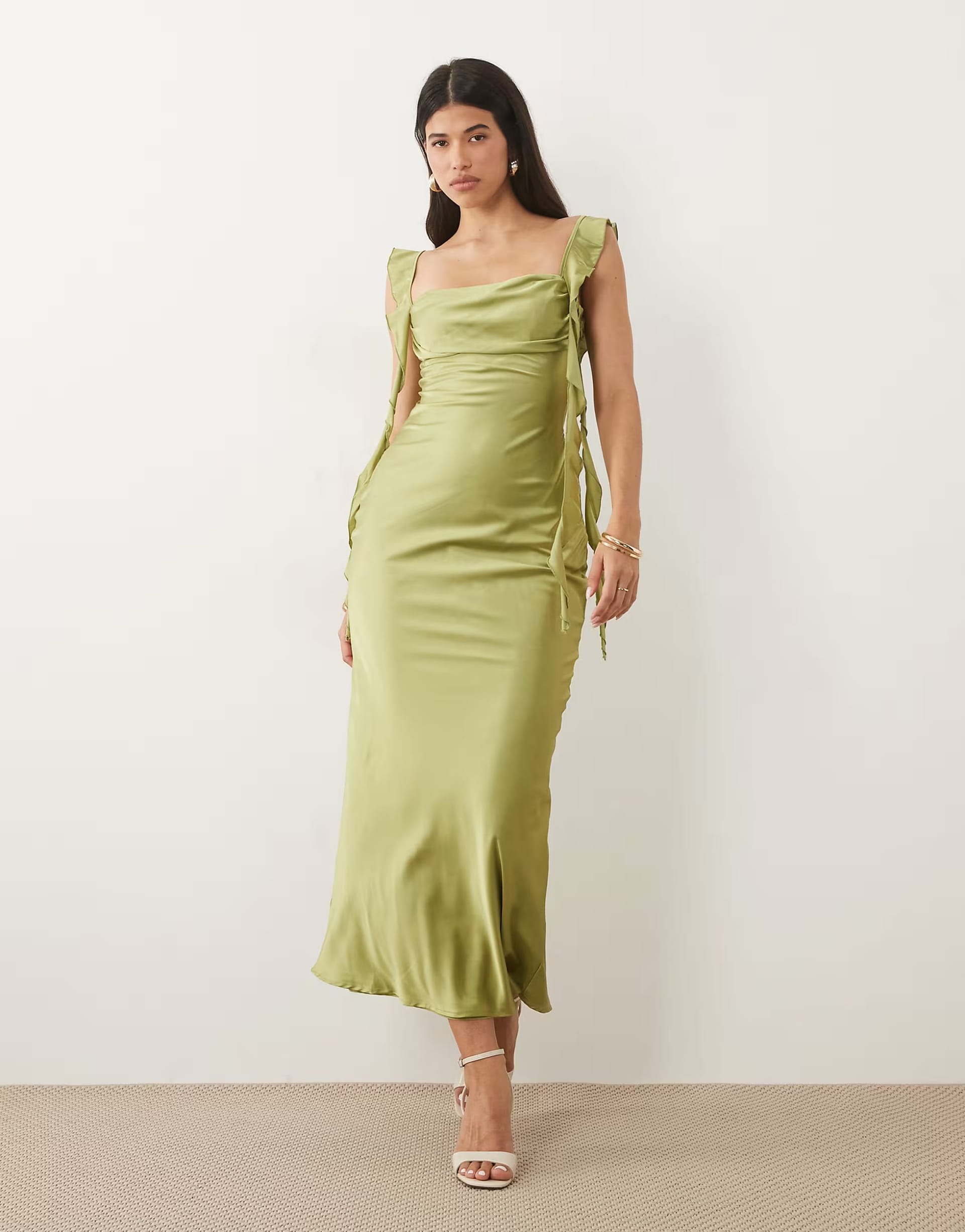 ASOS Olive Satin Square Neck Maxi Dress with Drape Detail