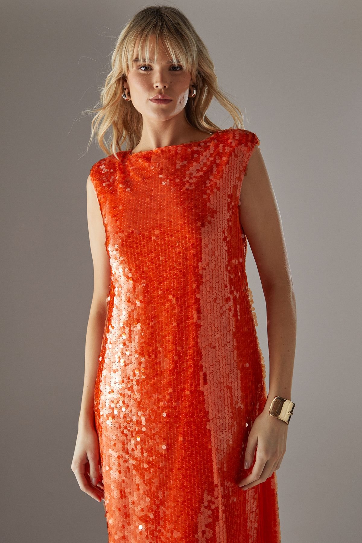 Warehouse Warehouse Women's Sequin Shoulder Pad Sleeveless Column Midi Dress in Mango - 3