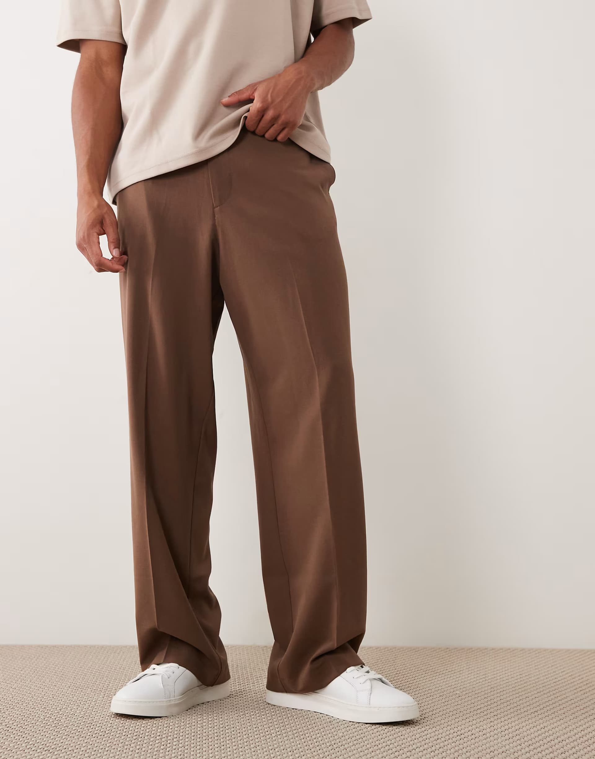 ASOS ASOS DESIGN FlexMax™ smart wide leg trousers in brown with elasticated waist