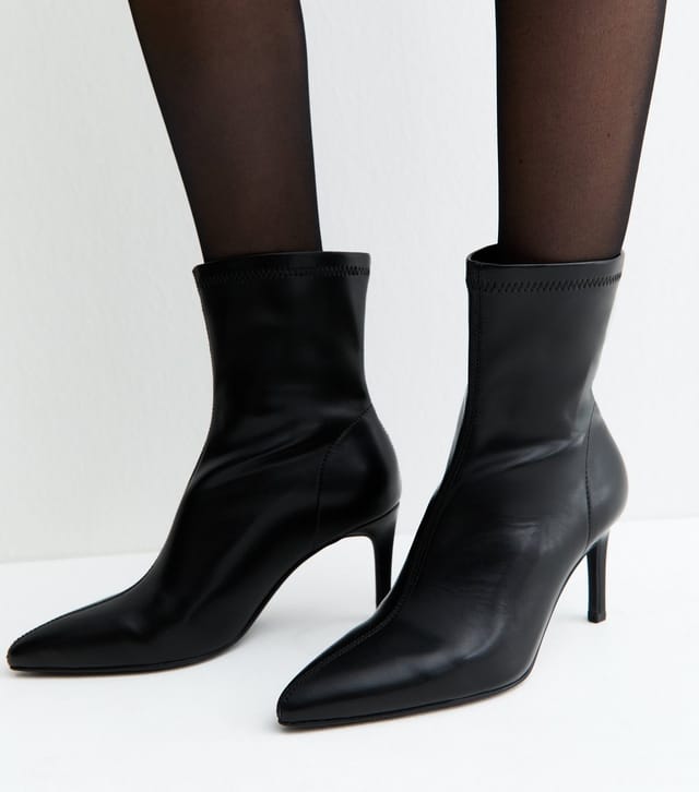 New Look Women's Black Faux Leather Pointed Sock Stiletto Ankle Boots Vegan New Look - 2
