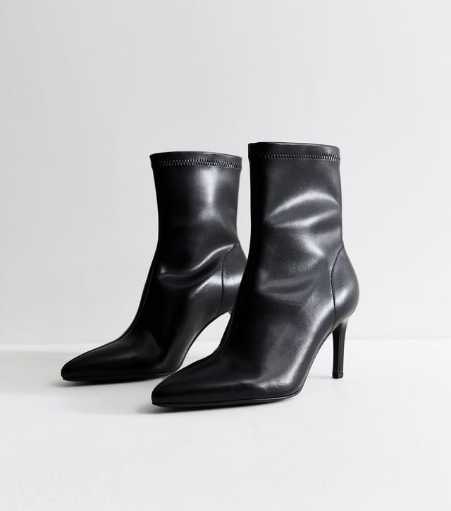 New Look Women's Black Faux Leather Pointed Sock Stiletto Ankle Boots Vegan New Look - 3