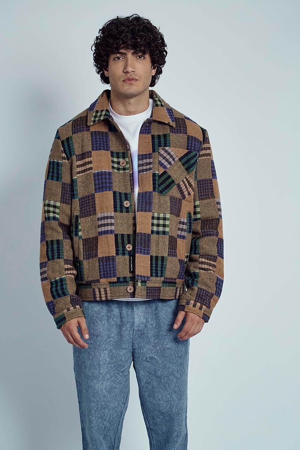 Native Youth Native Youth Men's Wool Jacquard Patchwork Check Button Jacket in Brown