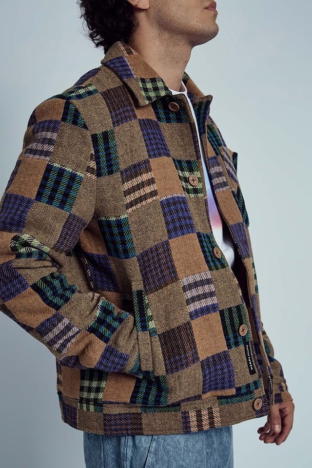 Native Youth Native Youth Men's Wool Jacquard Patchwork Check Button Jacket in Brown - 3