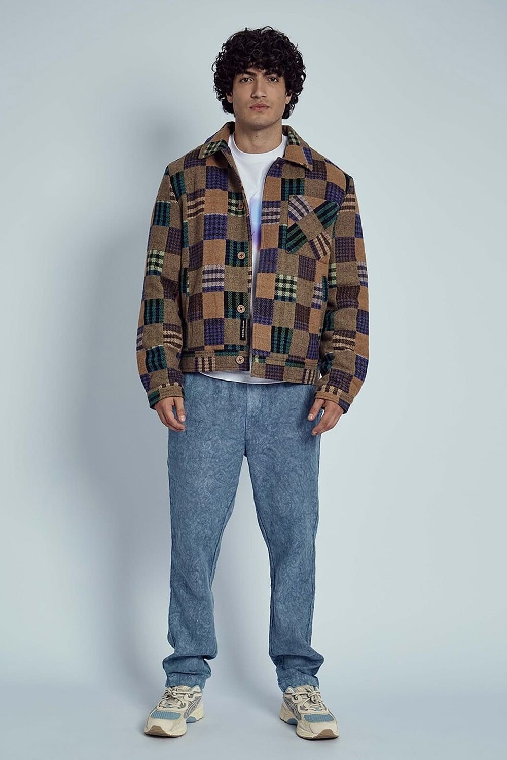 Native Youth Native Youth Men's Wool Jacquard Patchwork Check Button Jacket in Brown - 4