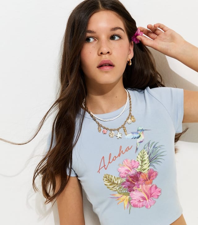 New Look Girls' Light Blue Cotton Aloha Graphic Cap Sleeve Crop Top New Look - 2