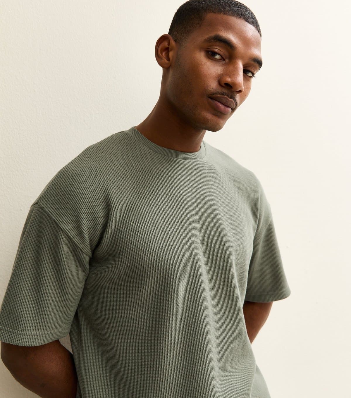 New Look Men's Light Khaki Oversized Waffle Texture T-Shirt New Look