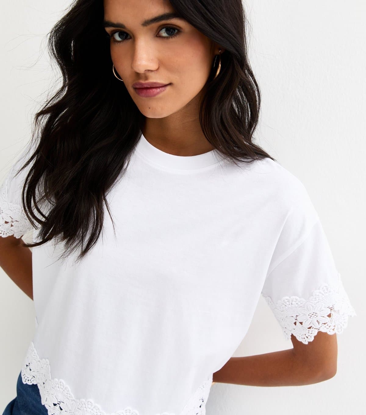 New Look Women's White Lace Trim Top New Look