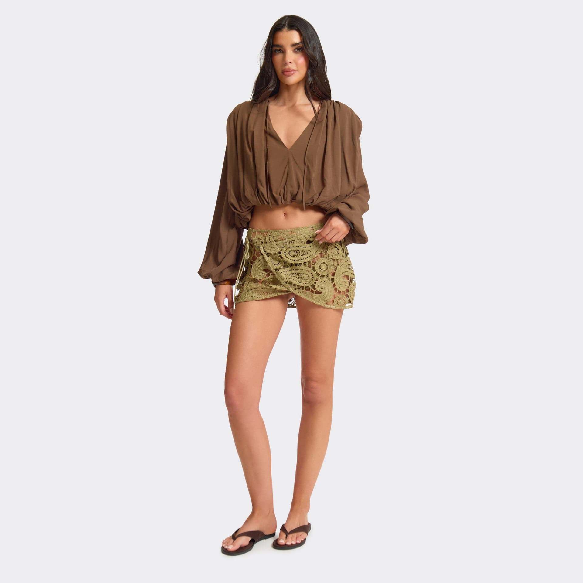 EGO Side Tie Tassel Wrap Mini Skirt In Khaki Paisley Crochet, Women's Size UK L