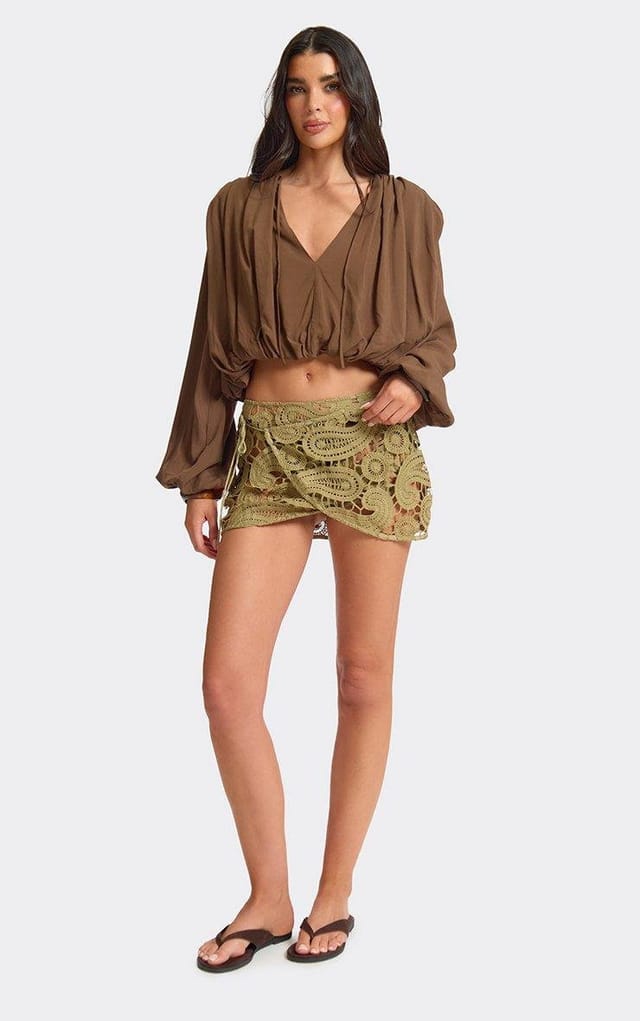 EGO Side Tie Tassel Wrap Mini Skirt In Khaki Paisley Crochet, Women's Size UK L - 2