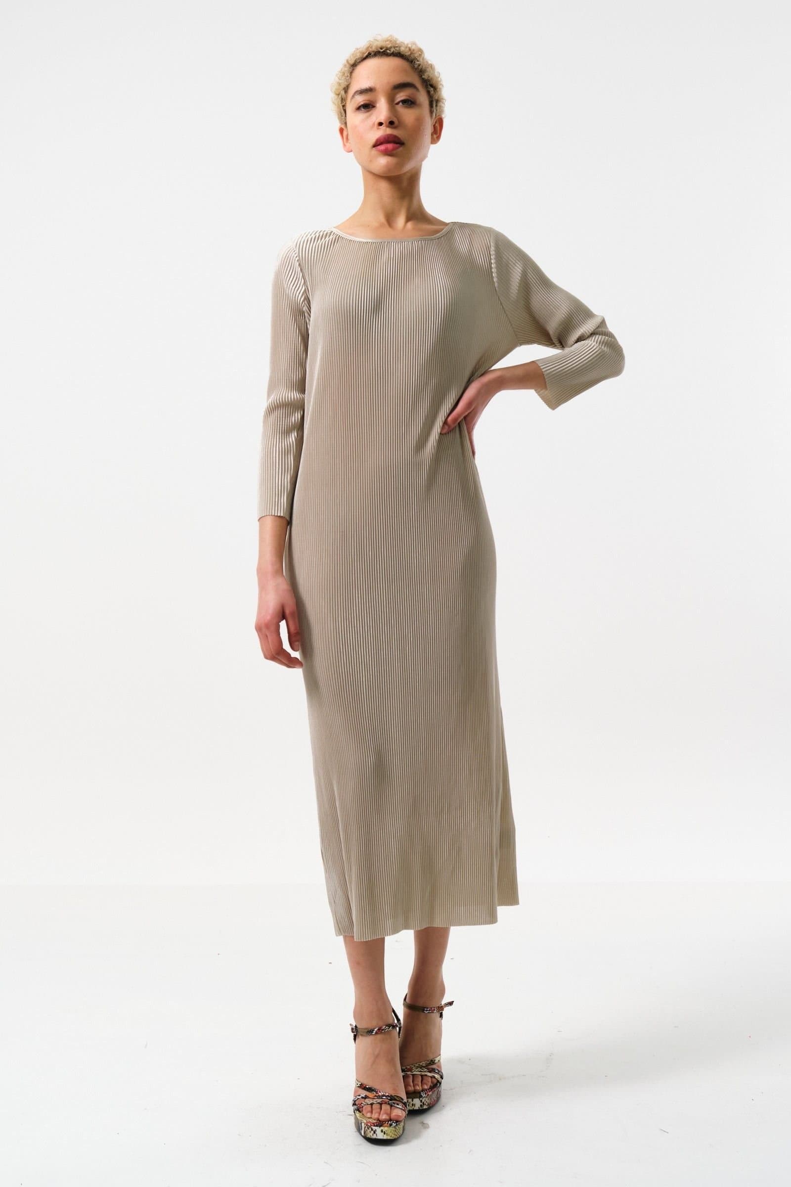 Louche Louche Beige Ribbed Midi Dress - Stone in Beige