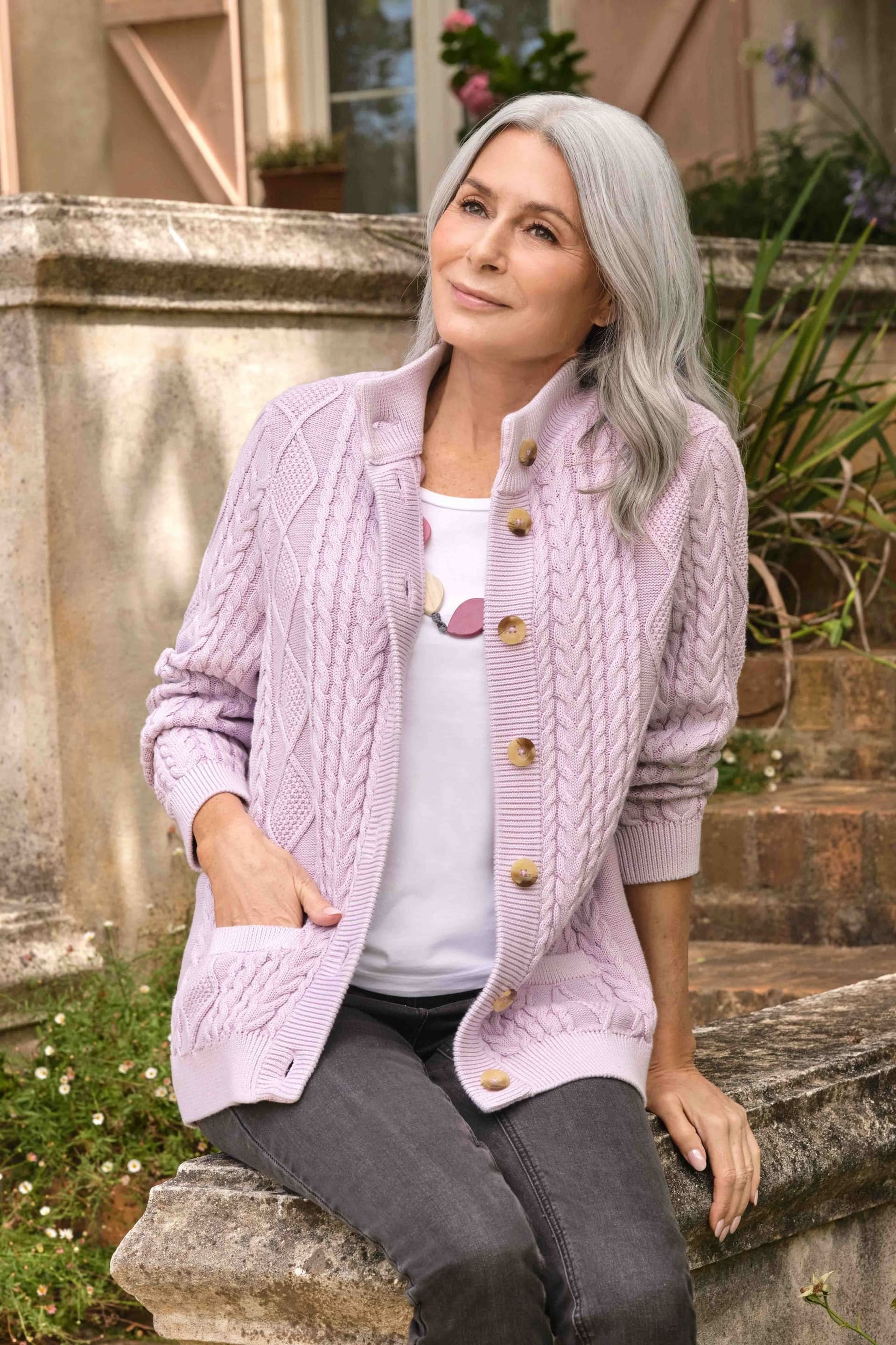 WoolOvers WoolOvers Women's Cable Cotton Button Neck Cardigan in Lilac