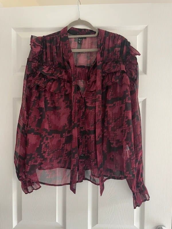 New Look New Look Burgundy Frill Tie Neck Blouse Size 14