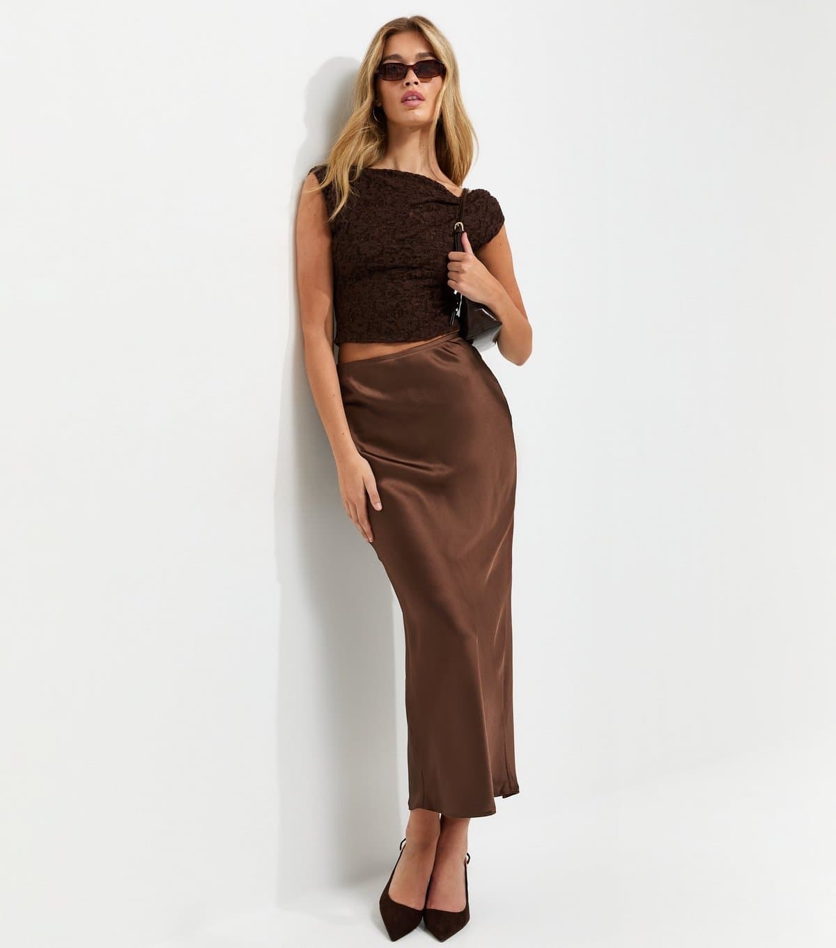 New Look Women's Tall Dark Brown Satin Bias Maxi Skirt New Look