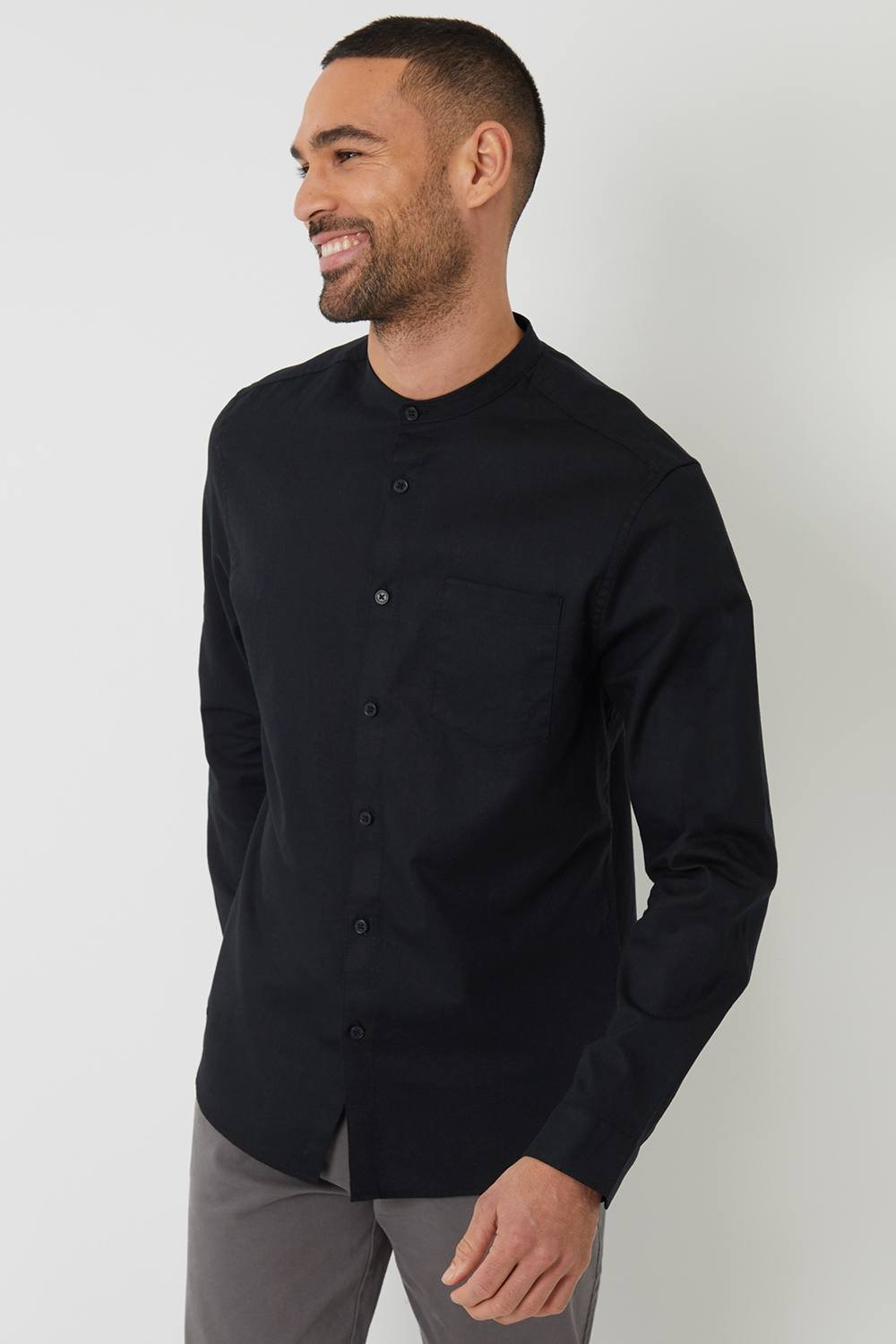 Threadbare Threadbare Men's Linen Blend Long Sleeve Grandad Collar Shirt in Black - 3