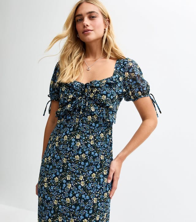 New Look Women's Blue Floral Print Tie Sleeve Chiffon Midi Dress New Look - 2