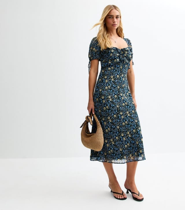 New Look Women's Blue Floral Print Tie Sleeve Chiffon Midi Dress New Look - 3