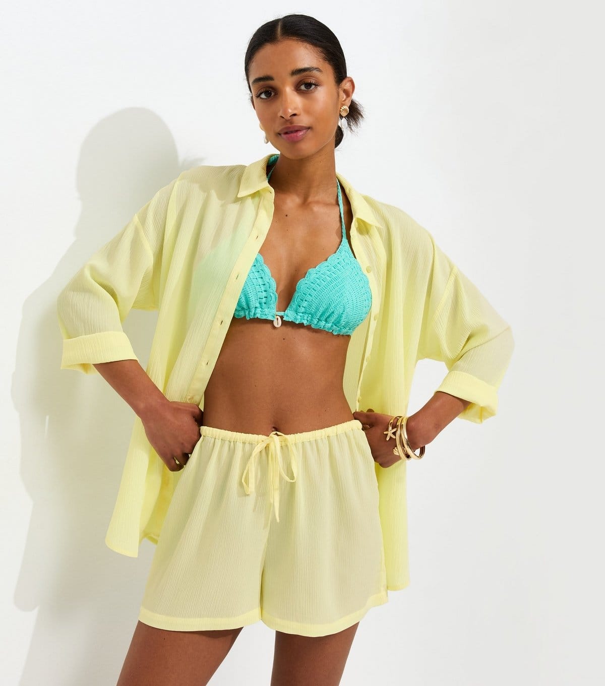 New Look Light Yellow Crinkled Drawstring Beach Shorts