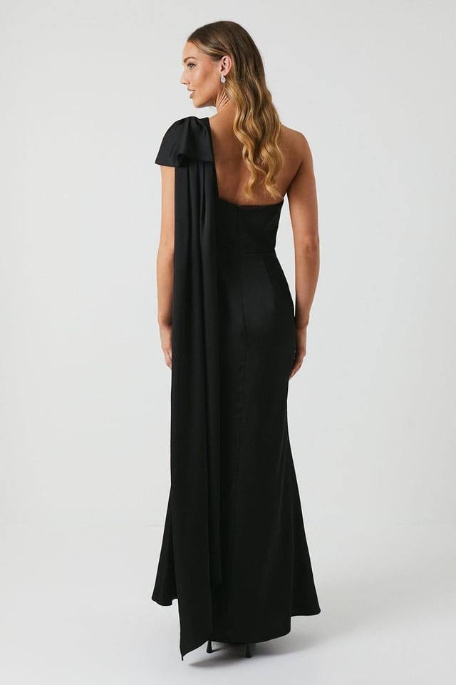 Coast Coast Women's Bow & Drape Detail One Shoulder Satin Bridesmaid Dress in Black - 3