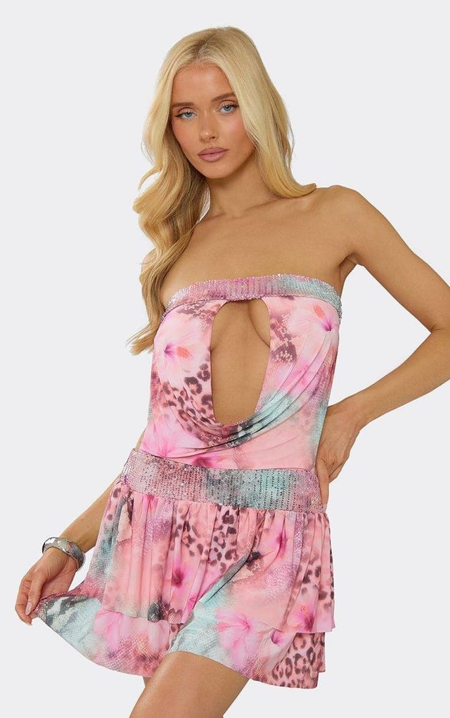 EGO Bandeau Cut Out Front Flippy Hem Mini Dress In Pink Printed Sequin, Women's Size UK 6 - 2
