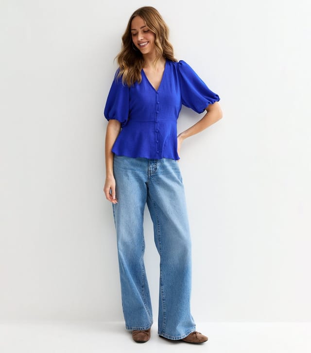 New Look Women's Blue Buttoned Puff Sleeve Tea Blouse New Look - 3