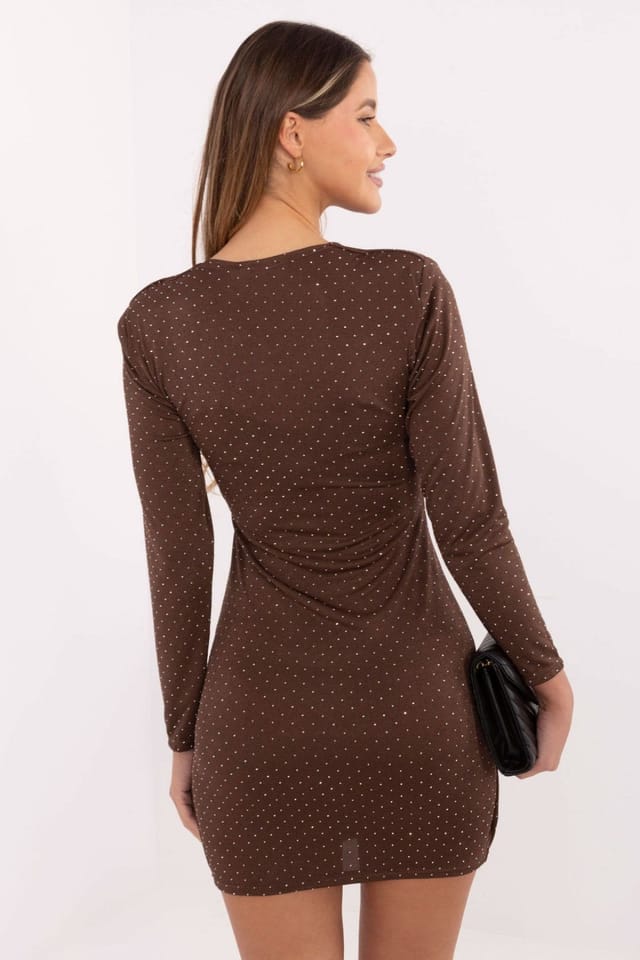 Love Lace Love Lace Women's Sequined Flared Mini Wrap Dress with Ruching in Brown - 3