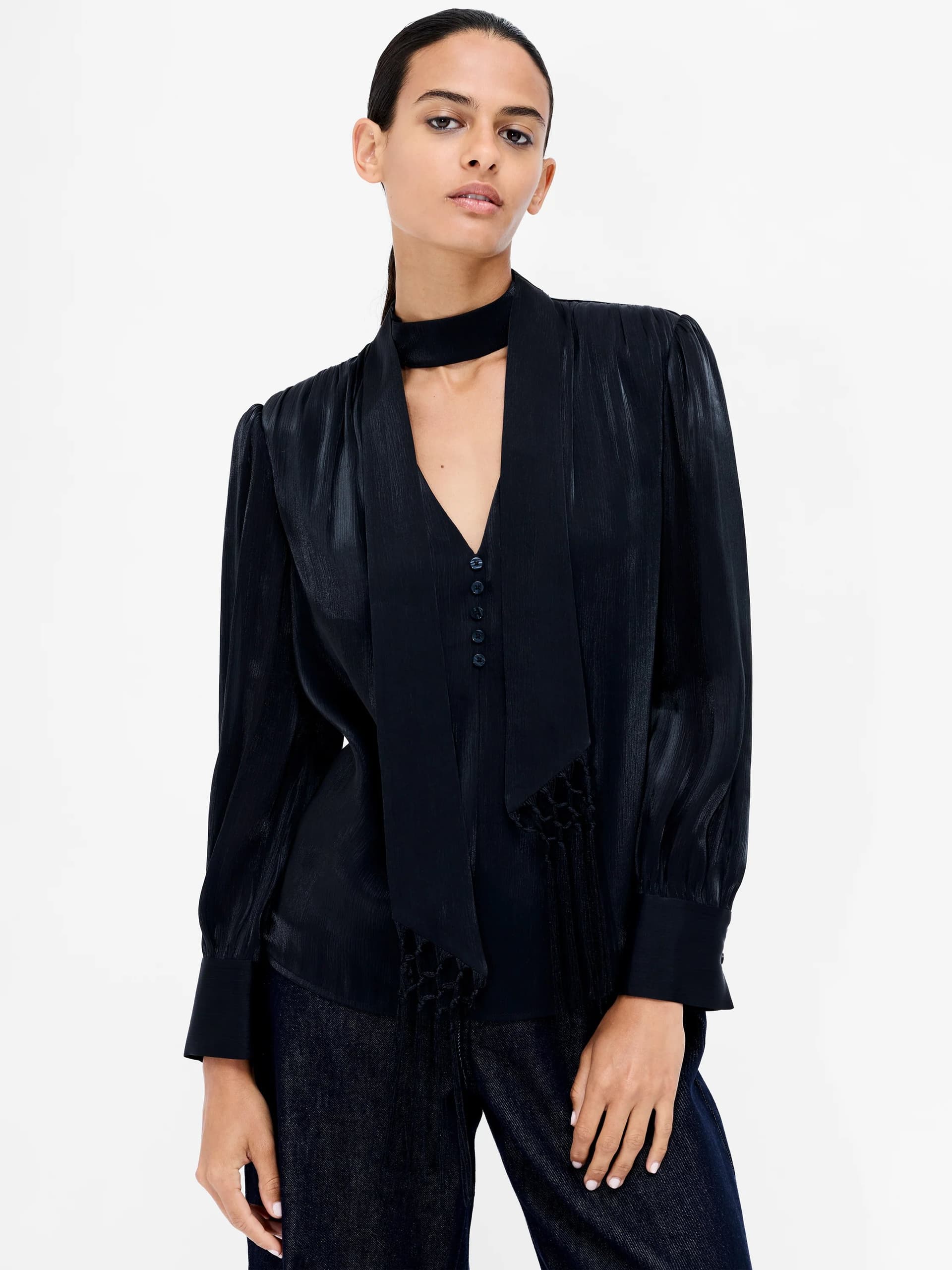 French Connection Aveline Black Foulard Tassel Scarf Neck Top Black