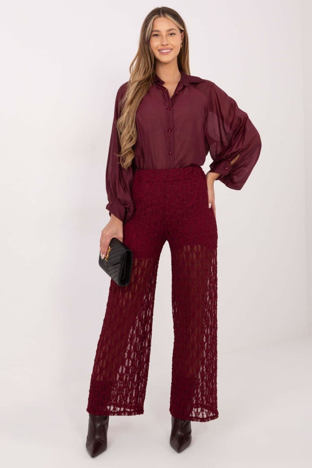 Love Lace Love Lace Women's Elegant Lace Wide Leg Pull On Trousers in Burgundy