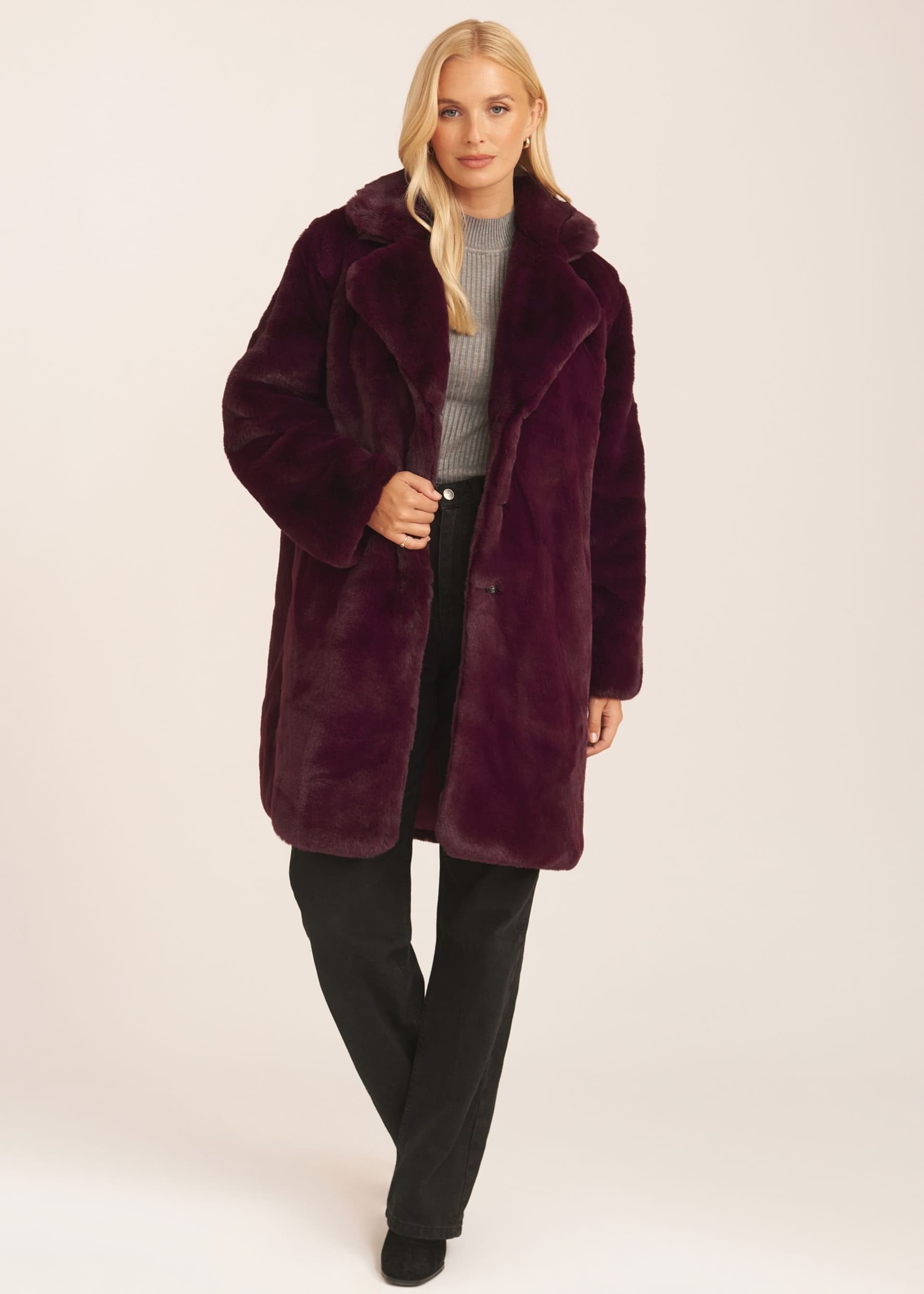 Gini London Gini London Women's Plum Faux Fur Lapel Collar Coat