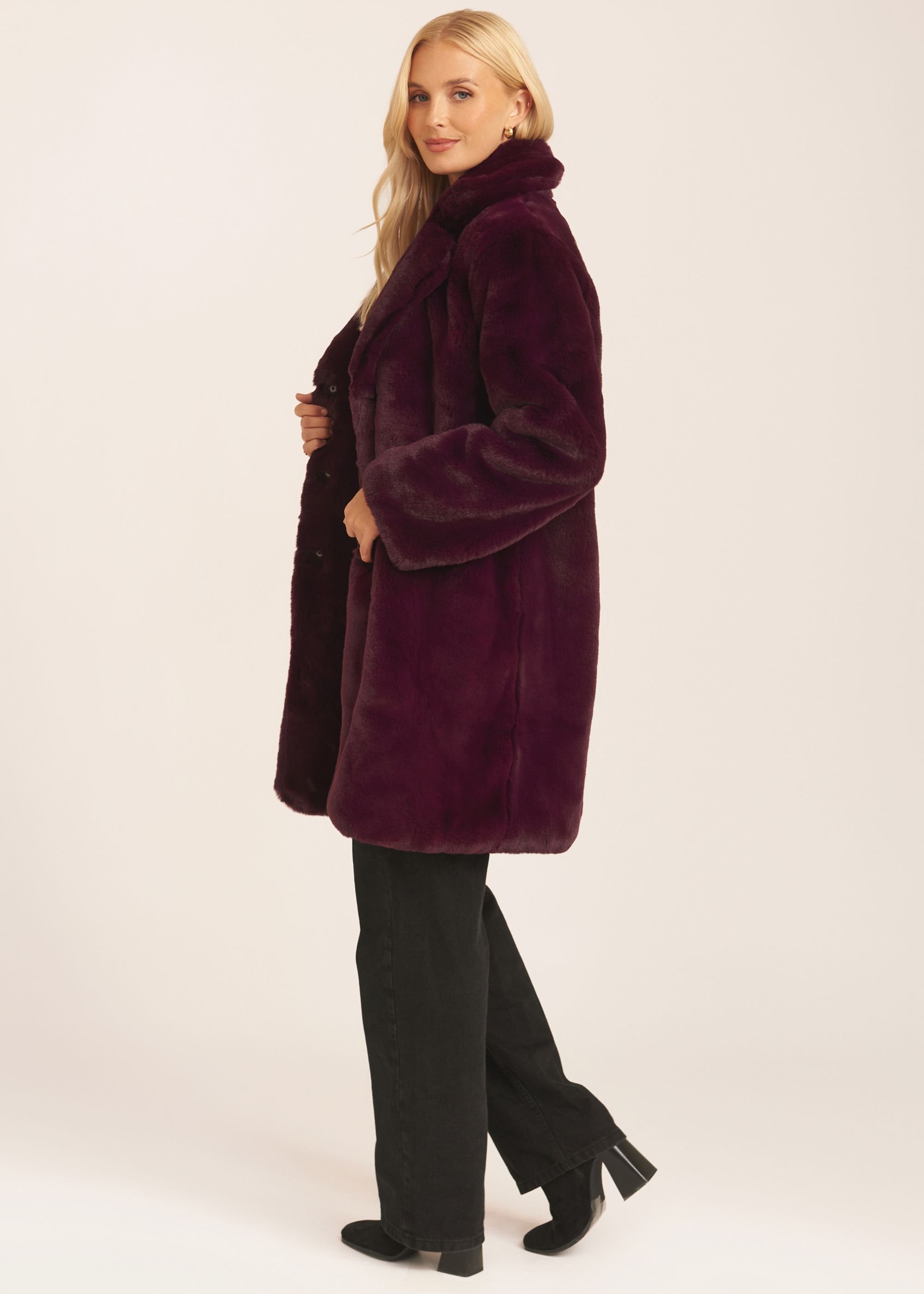 Gini London Gini London Women's Plum Faux Fur Lapel Collar Coat - 3