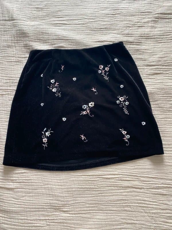 ASOS Velvet black white flower embroidered skirt