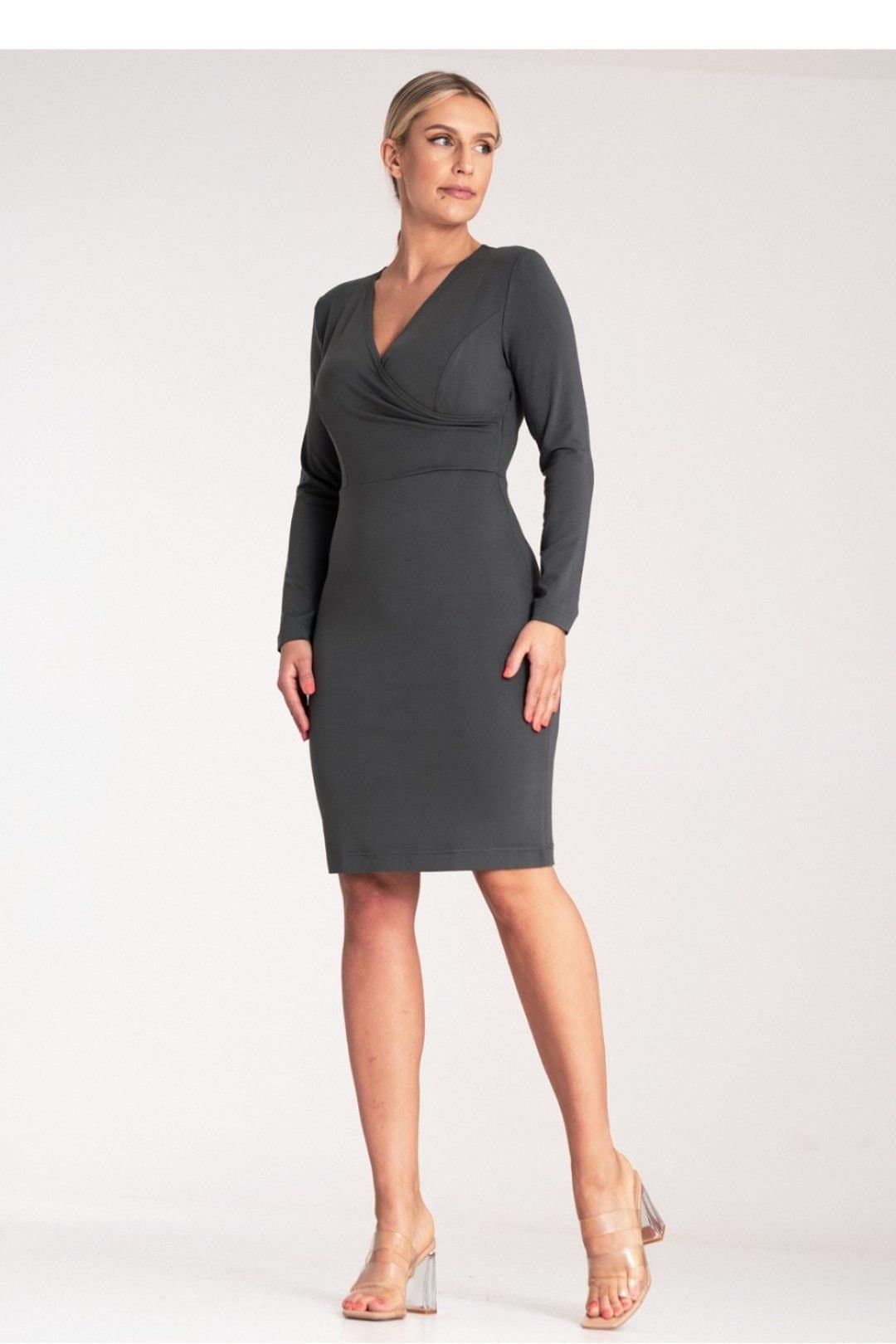 Love Lace Love Lace Women's Fitted Long Sleeve V Neck Zip Dress in Grey