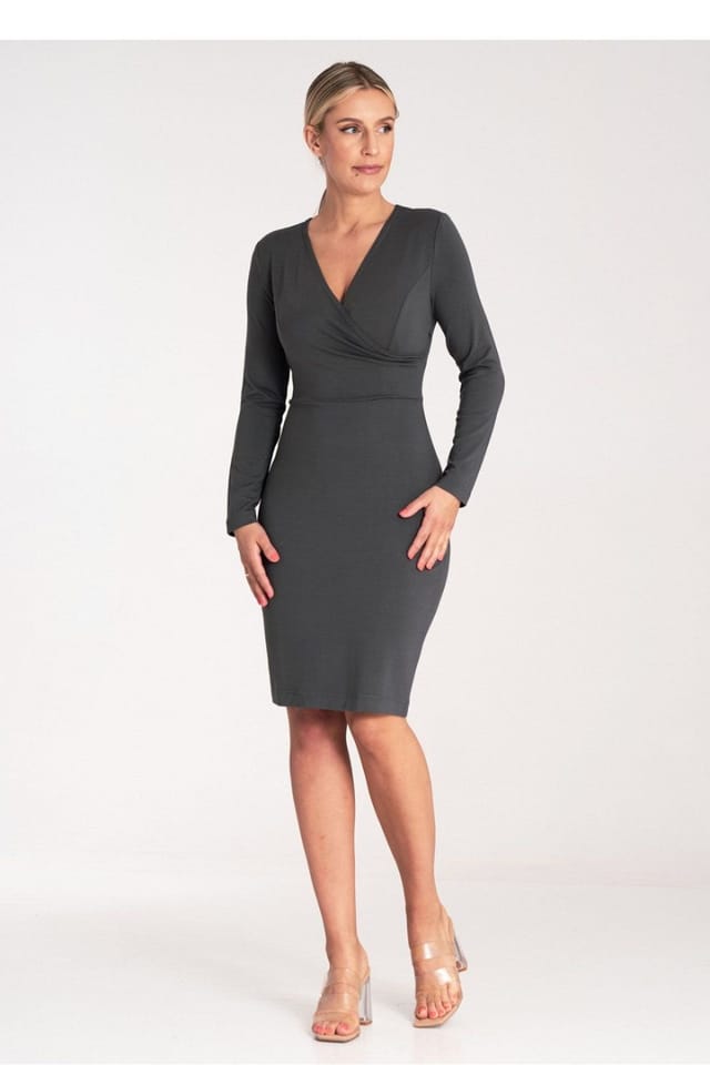 Love Lace Love Lace Women's Fitted Long Sleeve V Neck Zip Dress in Grey - 2