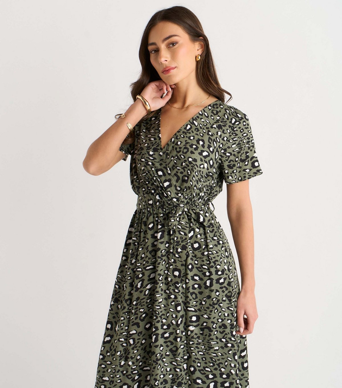 Gini London Women's Light Khaki Animal Print Wrap Midi Dress Gini London New Look - 2