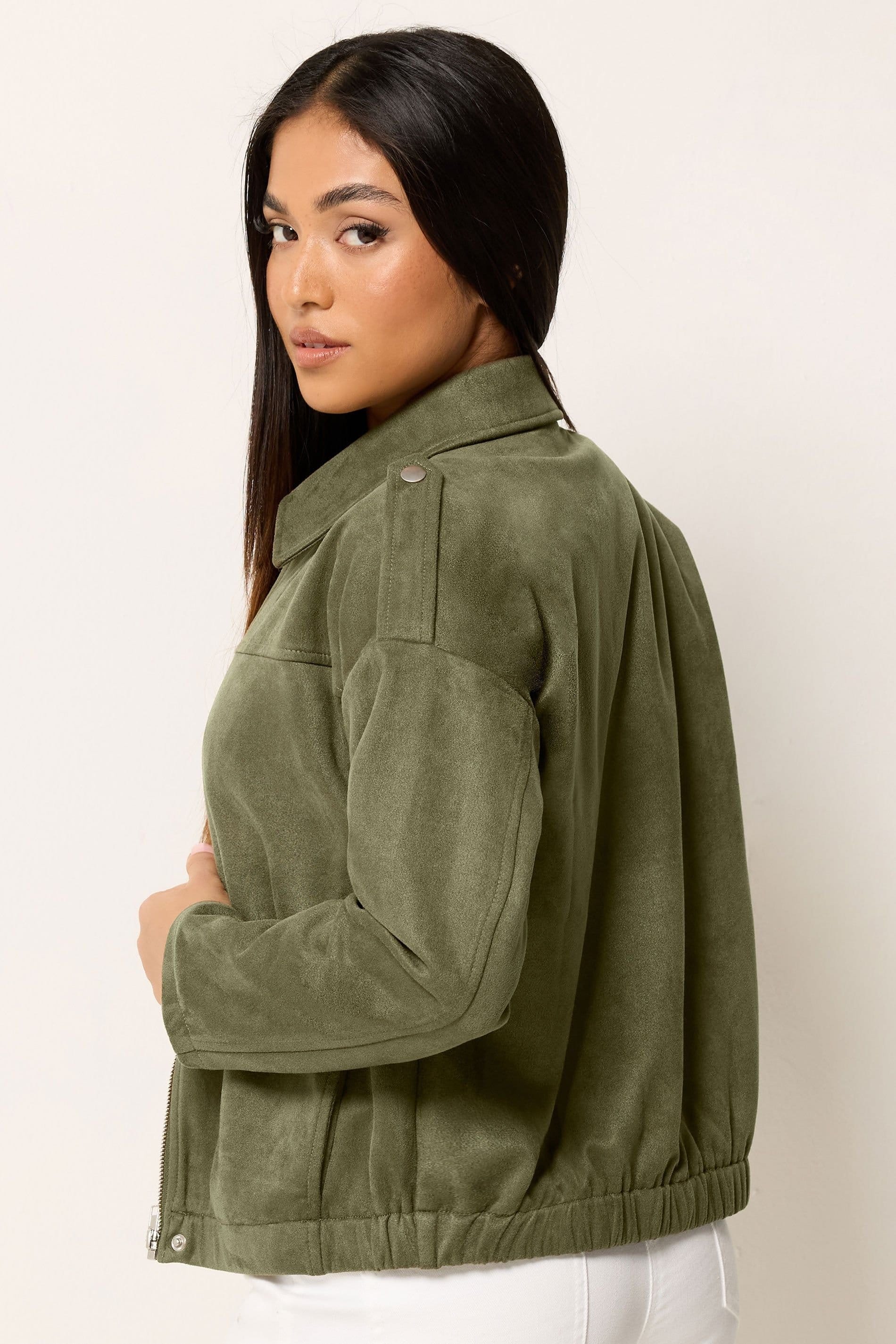 M&Co M&Co Women's Petite Faux Suede Bomber Jacket in Olive - 4