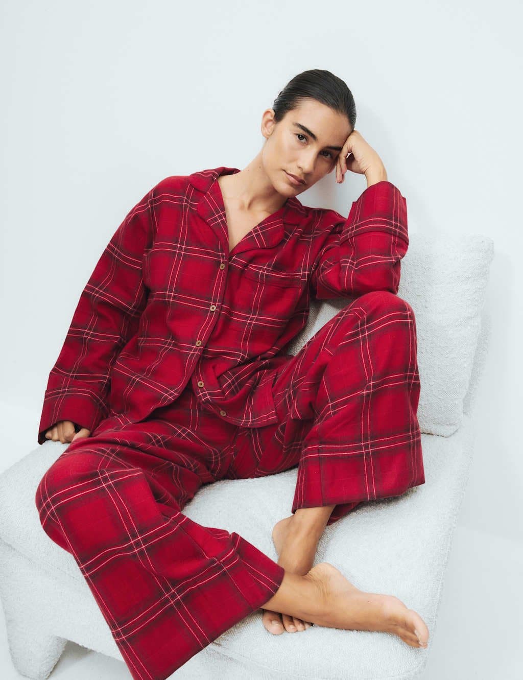 Marks & Spencer M&S Pure Cotton Checked Matching Family Christmas Pyjama Set Red Mix