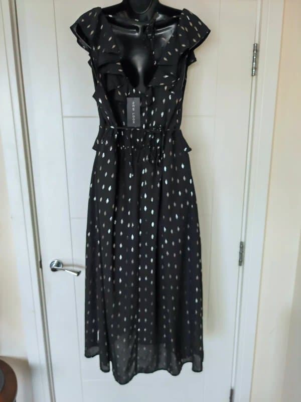 New Look Black Ruffle Dress with Silver Print – Size 16