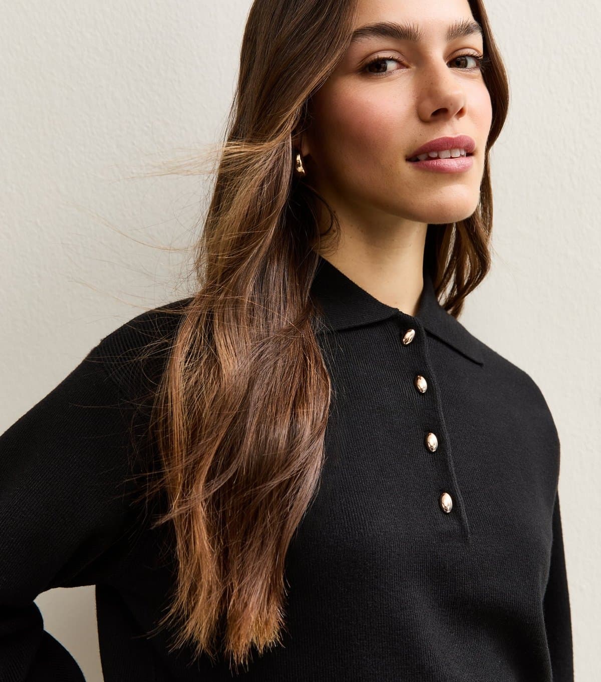 New Look Women's Petite Black Metallic Button Polo Shirt New Look