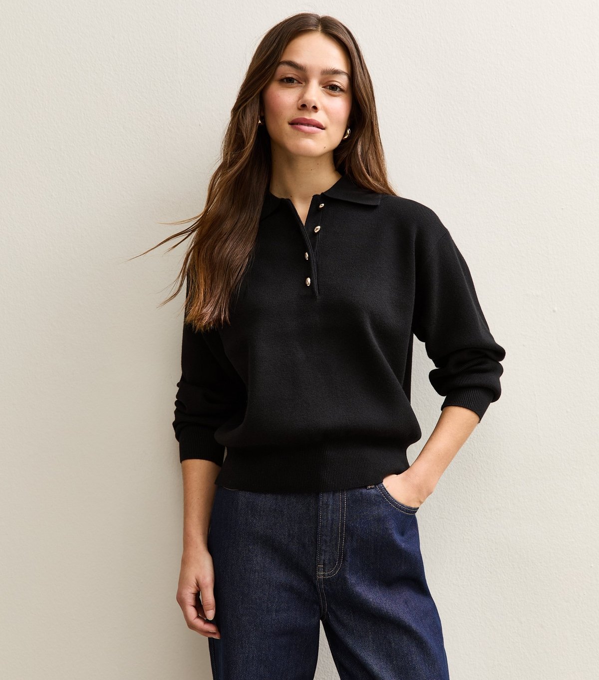 New Look Women's Petite Black Metallic Button Polo Shirt New Look - 2