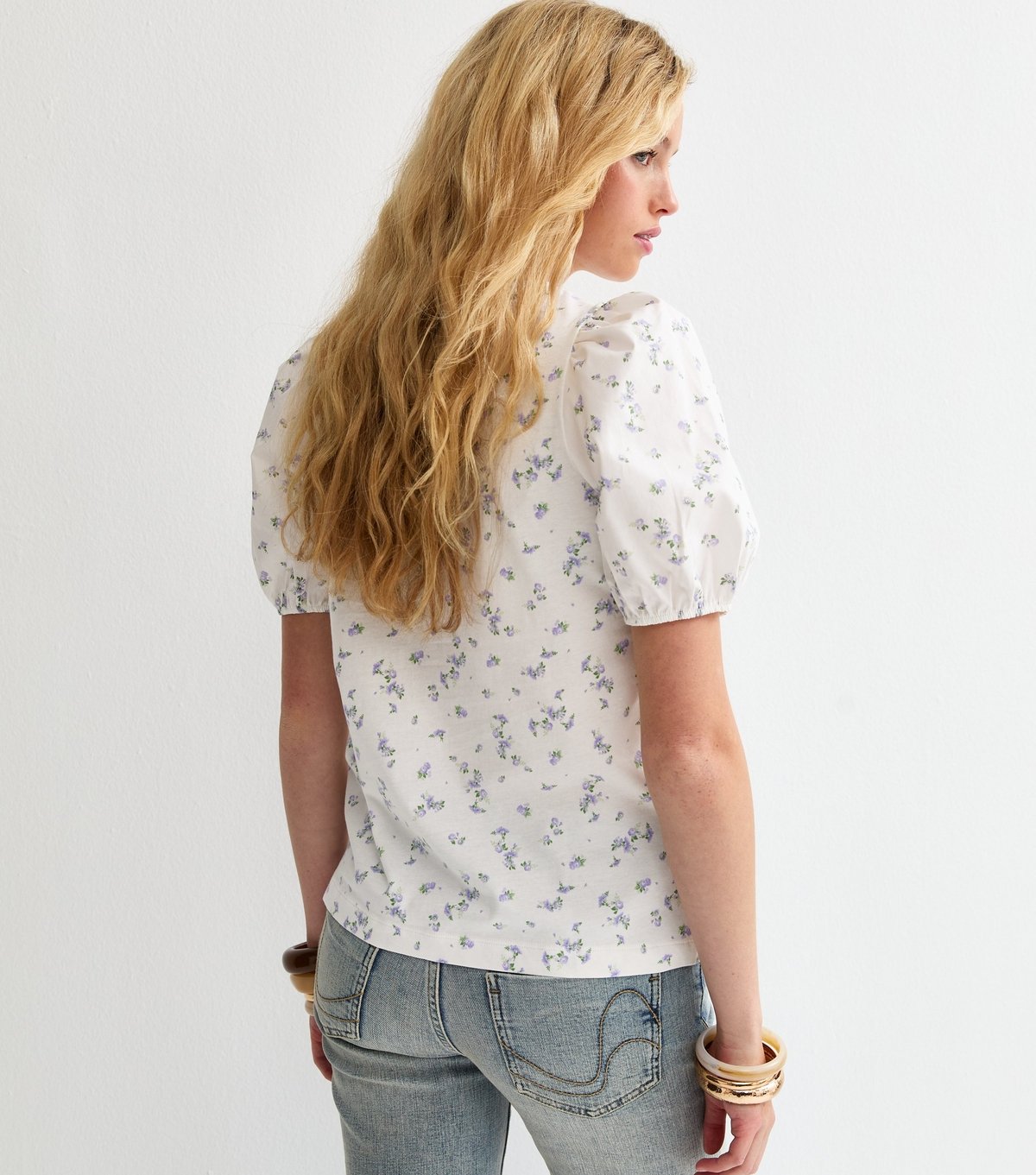 New Look Women's White Cotton Floral Puff Sleeve T-Shirt New Look - 4
