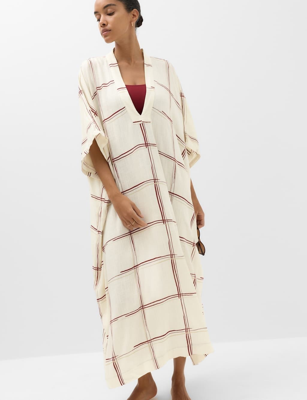 Marks & Spencer M&S Checked Midi Kaftan Beach Dress with Linen Ivory Mix